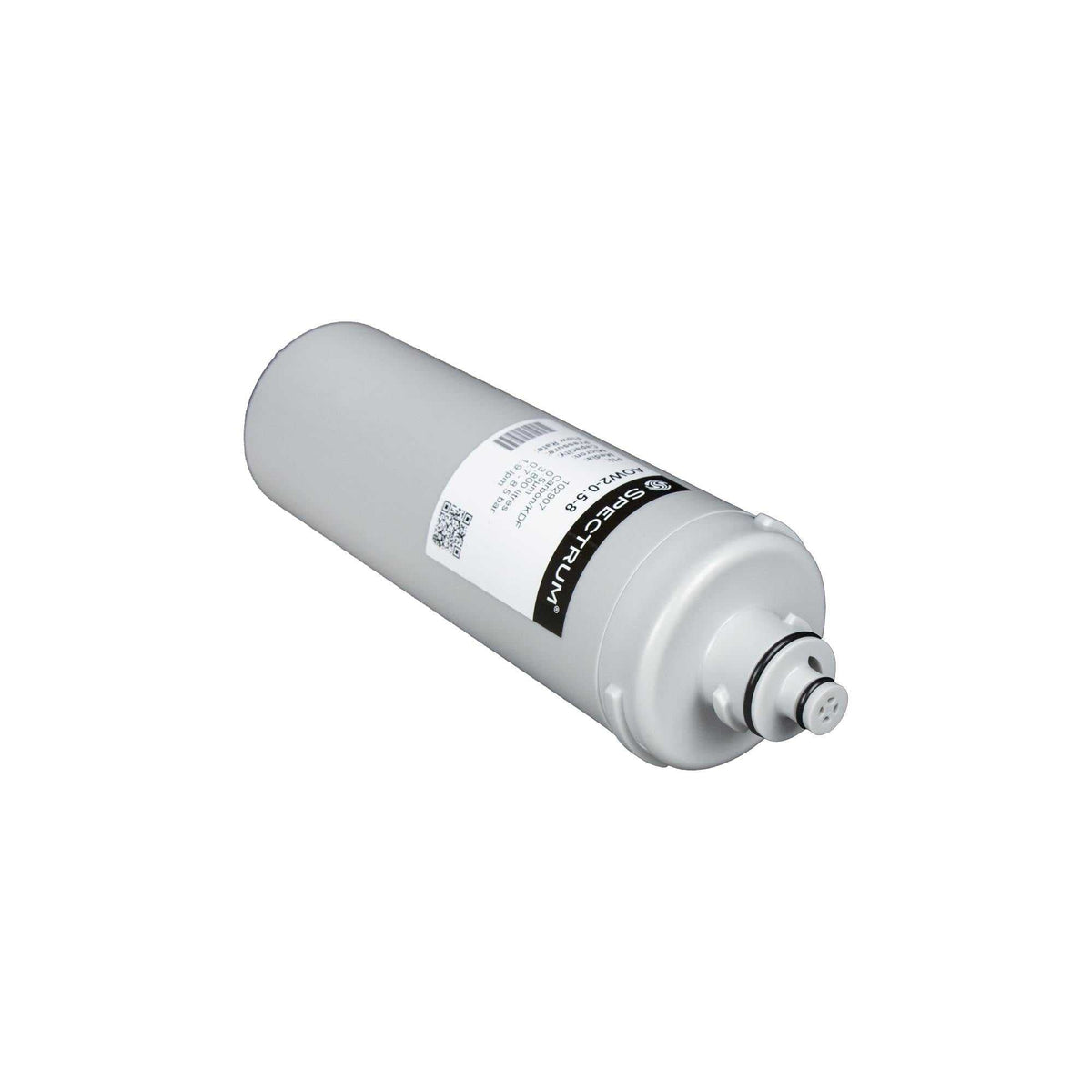 Water filter cartridge in light grey and white plastic, with a cylindrical body, black label and quick-connect fitting; 5 Micron 1 rated.