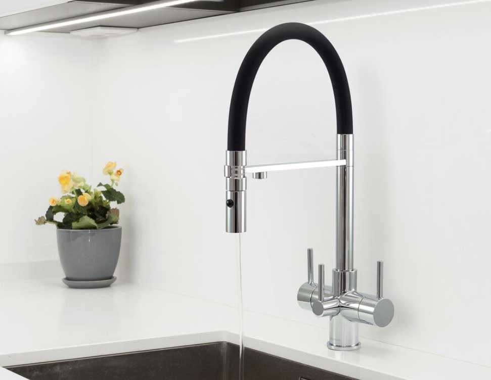 Acquapuro Aquila 3 Way Tap with three levers, brass build, and durable PVD coating designed for filtered and standard water flow