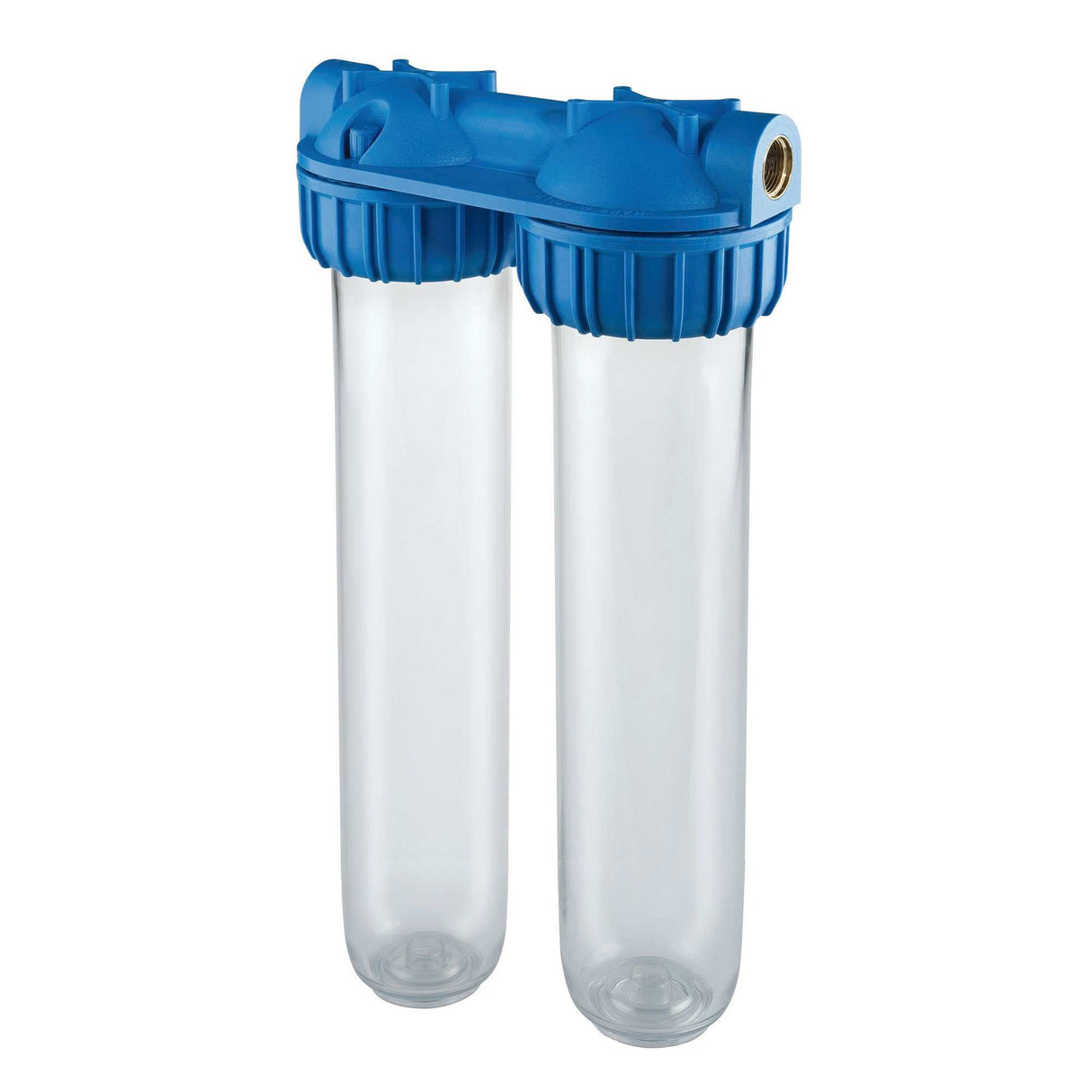 Atlas Duplex Filter Housing with clear PET bowl, brass ports, spanner, and bracket for versatile water filtration