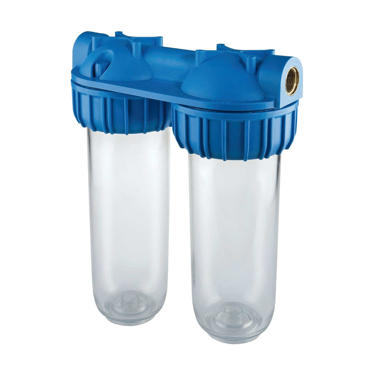 Atlas Duplex Filter Housing with clear PET bowl, brass ports, spanner, and bracket for water filtration systems