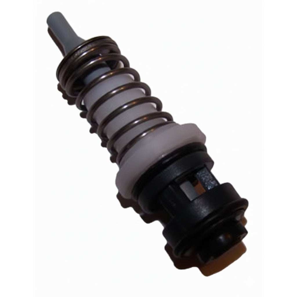Fleck 24114 brine valve assembly with a black coiled spring, gray valve body, and brown end cap.