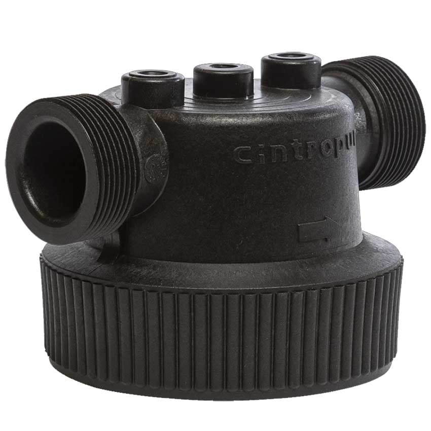 Filter Head with black textured plastic body, two threaded side ports, three top fittings and a ribbed base ring.