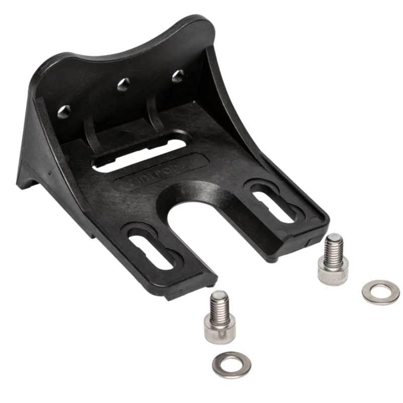 Cintropur Bracket NW18 black molded plastic wall mount with slotted openings, shown with two screws and washers