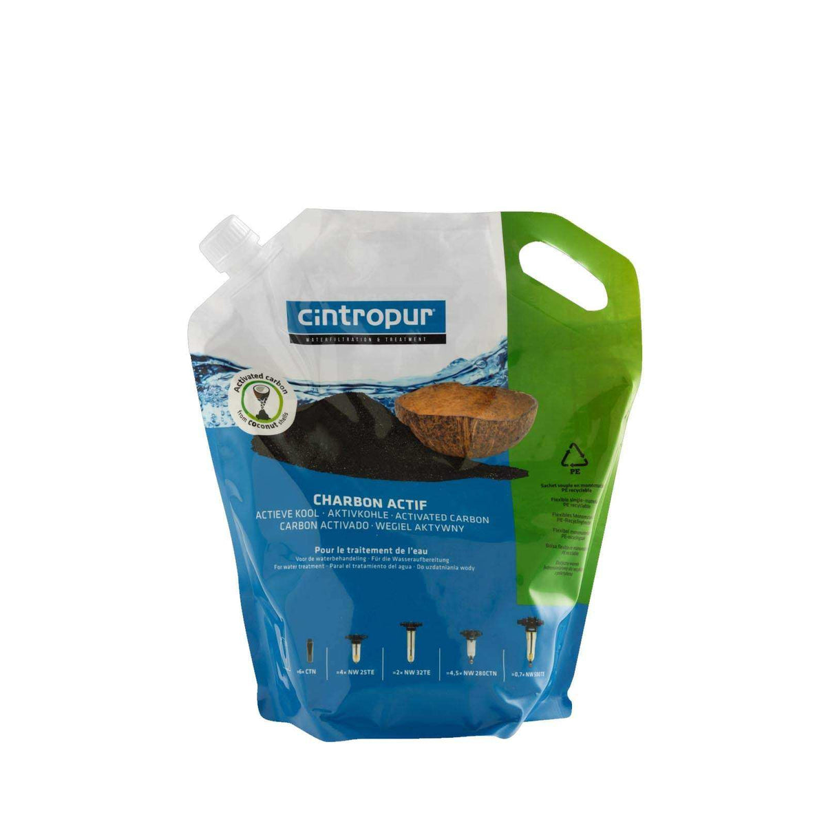 Cintropur Activated Carbon in a blue, white and green plastic pouch with a spout and built-in handle, featuring a coconut image
