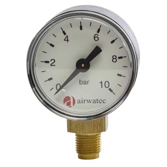 Cintropur Manometer pressure gauge with a silver metal casing, white 0–10 bar dial and brass threaded fitting.