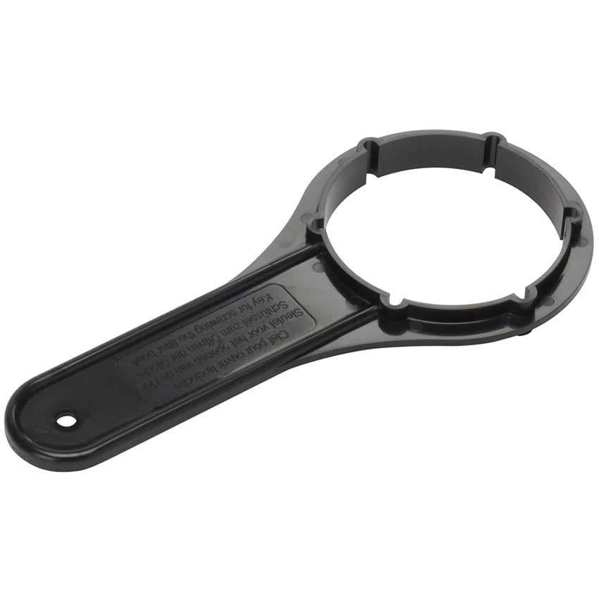 Black plastic Filter Bowl Spanner with a long flat handle, hanging hole and large circular notched gripping head.