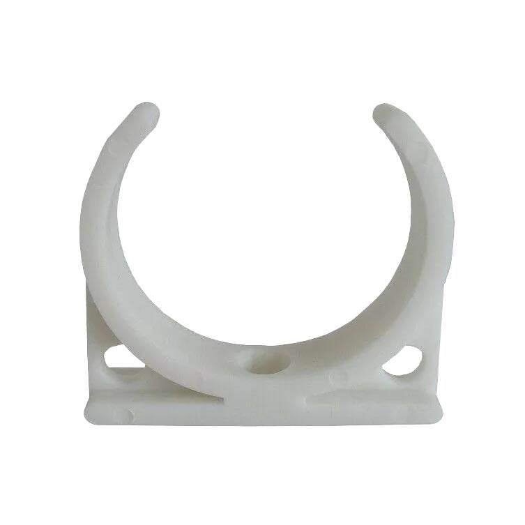 2" Inline Clip 201482, a white plastic U-shaped filter cartridge holder with an open ring and mounting screw holes.