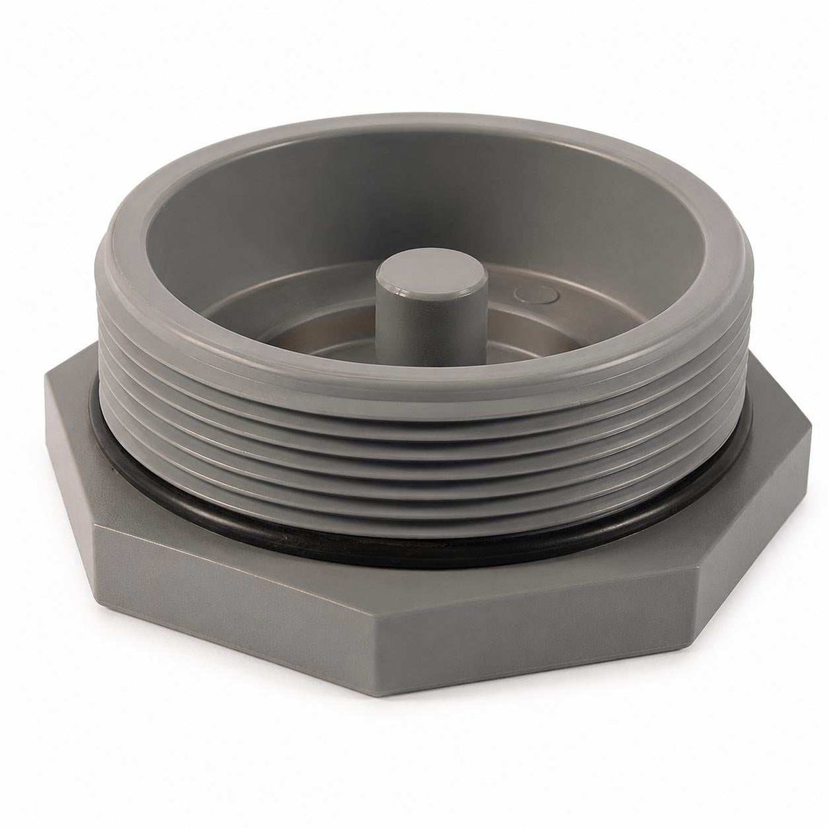 Pentair Structural Closure 4" PVC in gray, with a wide hexagonal base, threaded rim and black sealing O-ring.