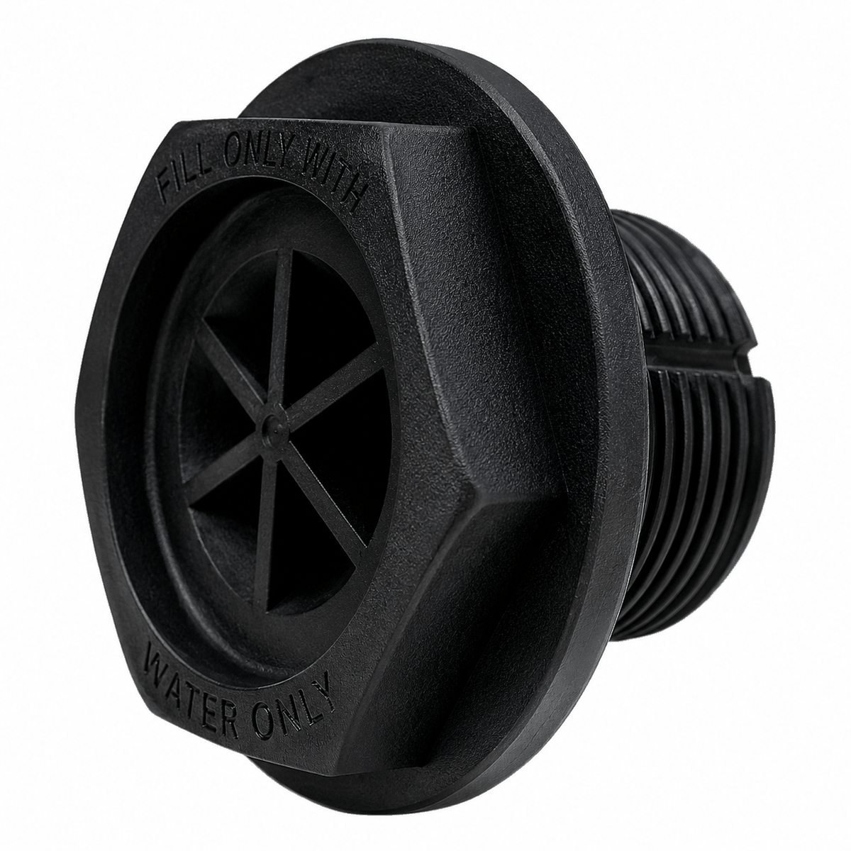Replacement Plug for Dome Hole Vessel, black molded plastic with threaded stem, wide flange and slotted center marked “Fill Only With Water Only”