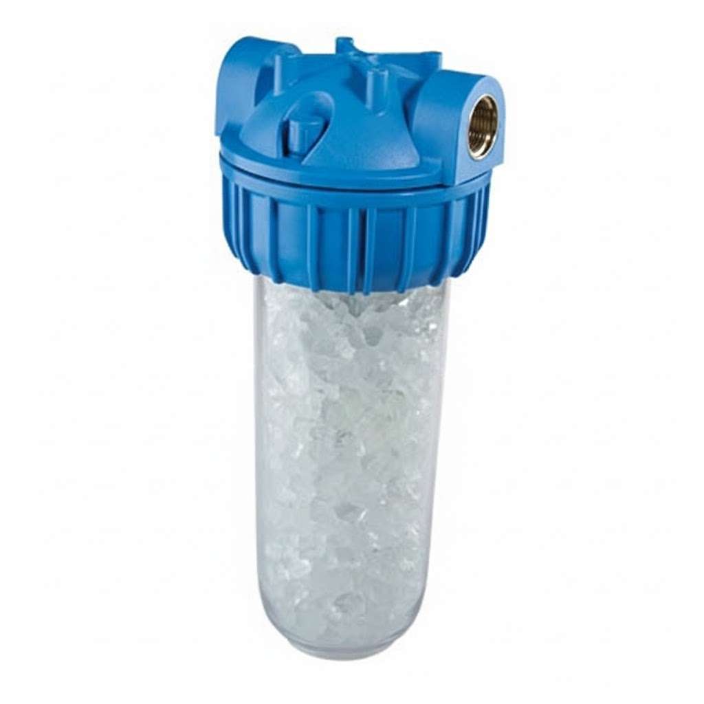 DOSAPROP PLUS 3P SX anti-scale water filter with a blue polypropylene head and clear bowl of white crystals.
