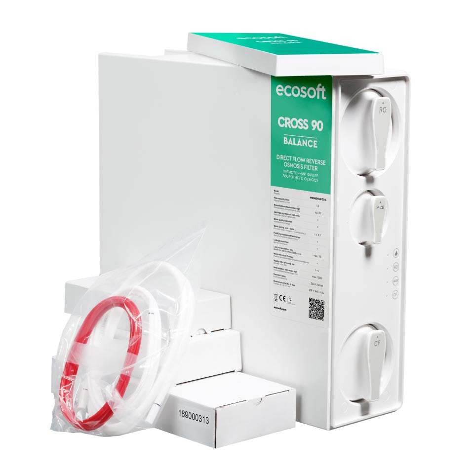 Ecosoft CROSS 90 Balance Direct Flow RO water purifier system installed under a kitchen sink