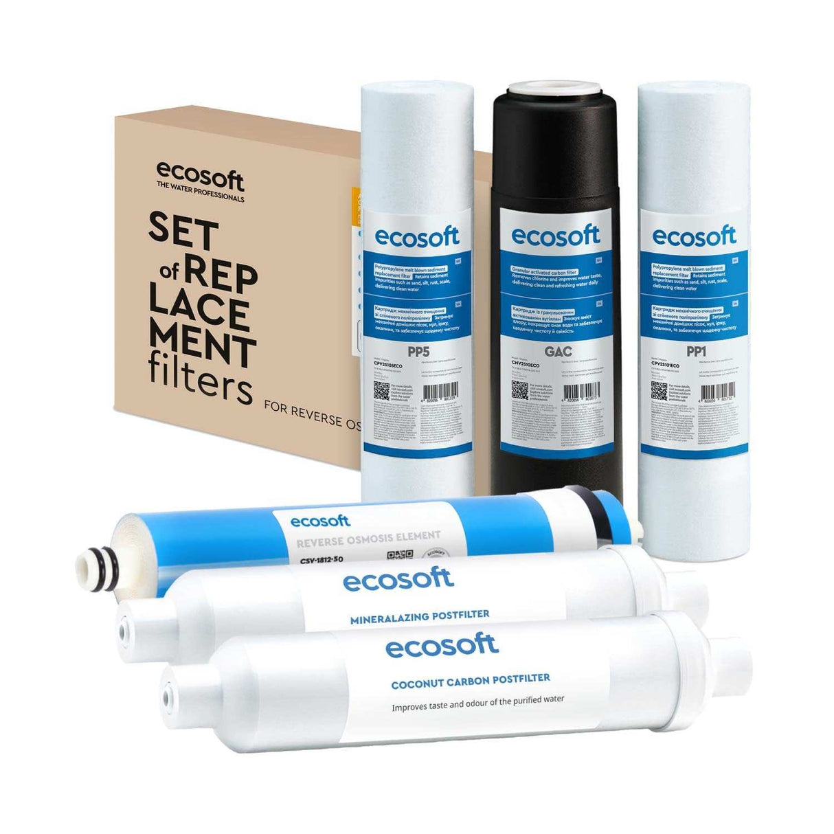 Standard Advanced Set of 6 Replacement Filters for Ecosoft RO system showing pre-filters, RO membrane, mineralizer, and post-filter cartridges.