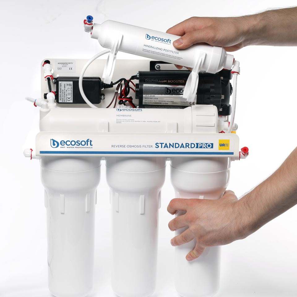 Ecosoft STANDARD PRO RO System with pump for advanced 5-stage water purification and mineralization in low-pressure homes.
