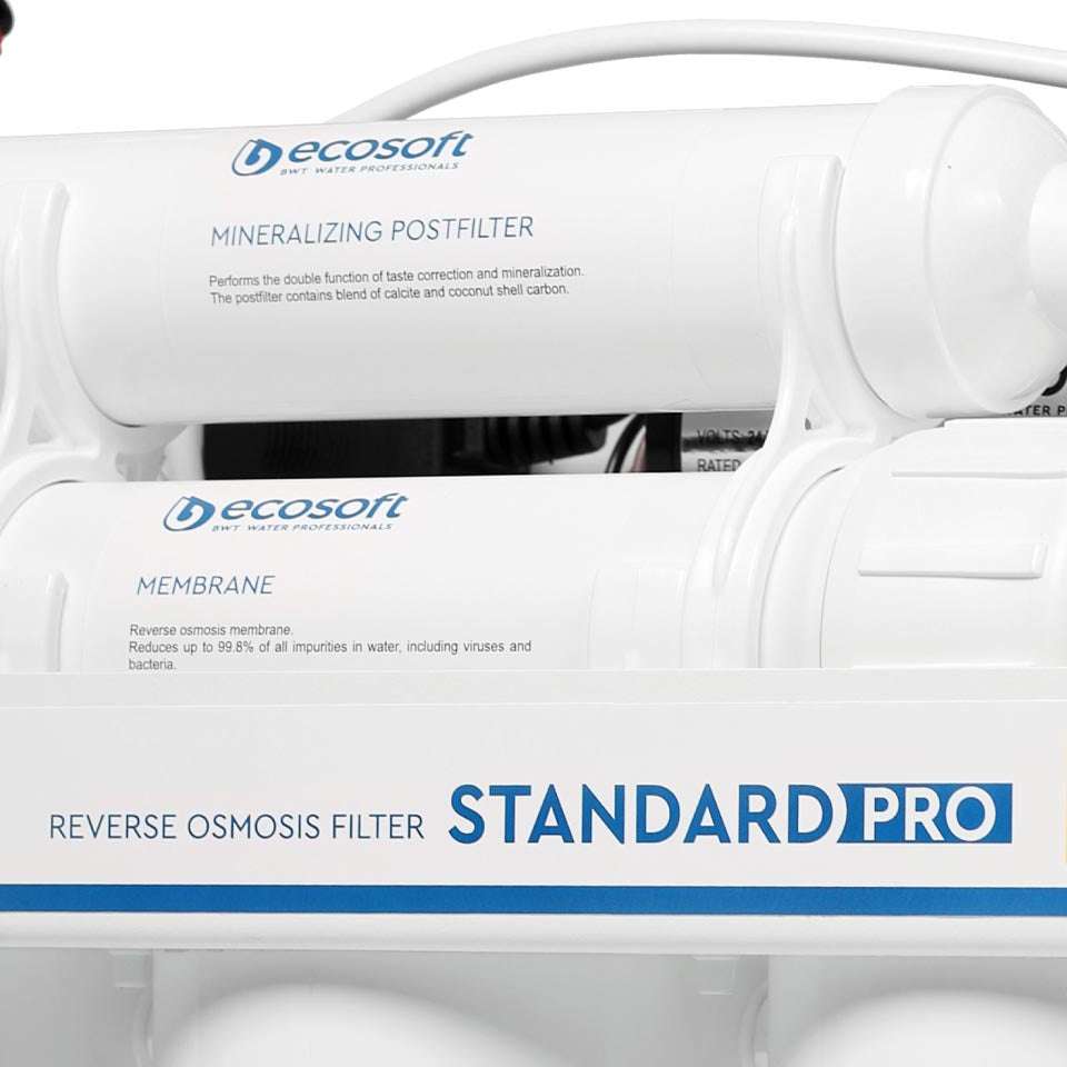 Ecosoft STANDARD PRO RO System with Pump under-sink water purifier with 5-stage filtration and booster pump for low-pressure homes