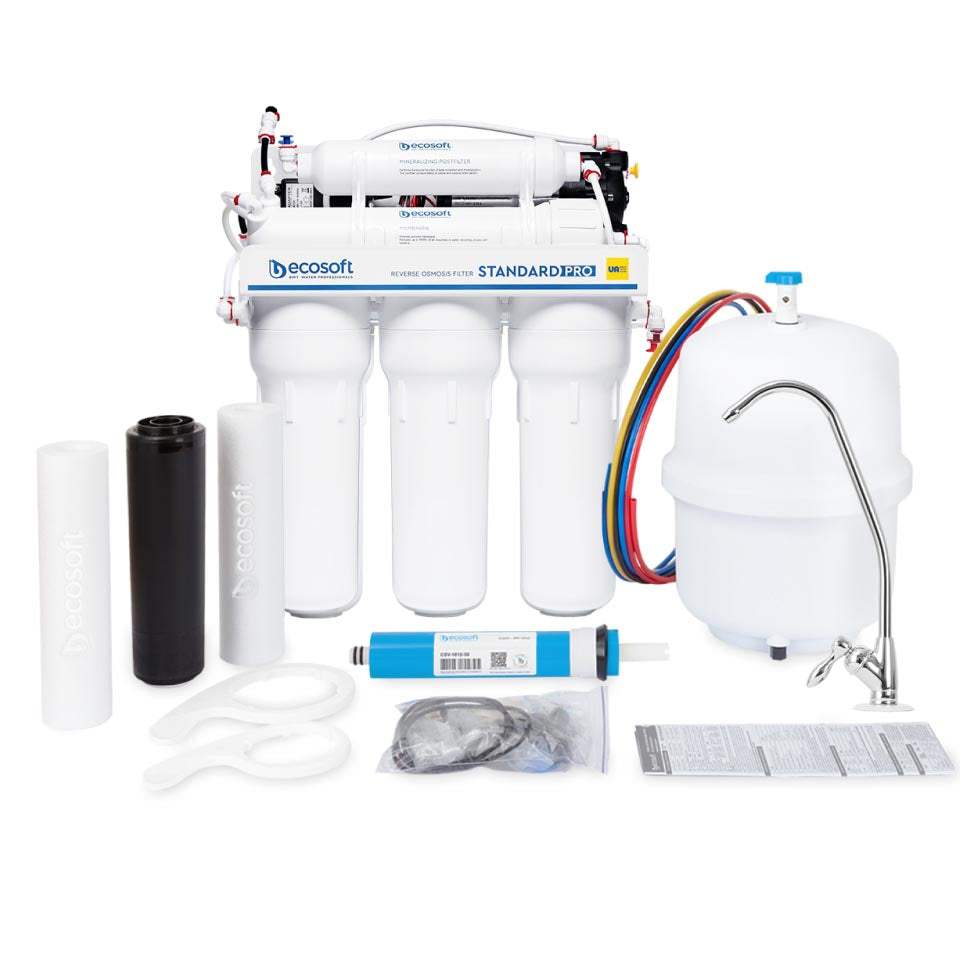 Ecosoft STANDARD PRO RO System with pump for efficient 5-stage water purification and mineralization in low-pressure homes