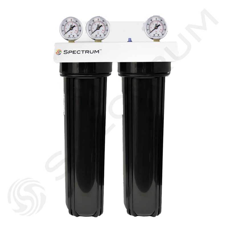 EWS-21K Spectrum salt-free scale reduction cartridge system with dual black filter housings and pressure gauges.
