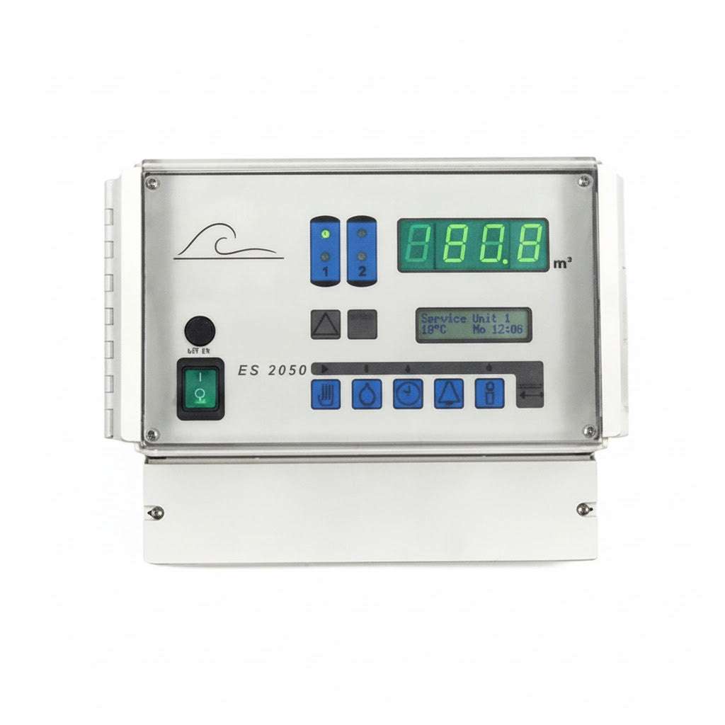 Wall-mounted EWS ES 2050 Duplex Controller Wall Mount 230/24V with a silver metal face, green displays, and blue buttons.