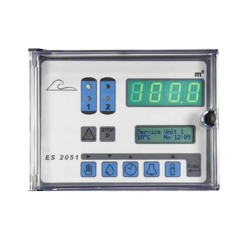 Duplex controller panel featuring a clear protective cover, blue buttons, green digital display, and LCD status screen; EWS ES 2051 Duplex Controller Panel Mount 24/24V