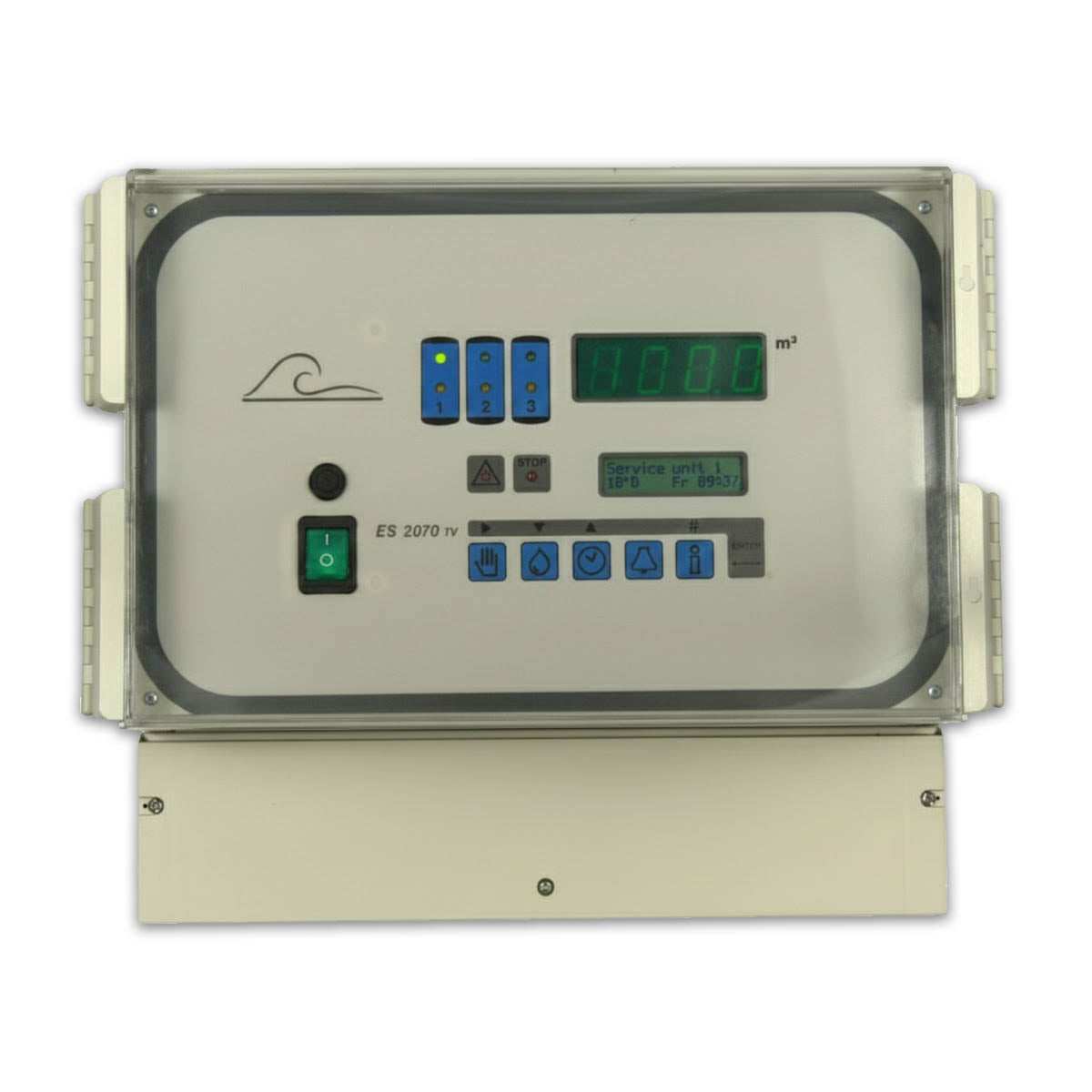 Water treatment controller, EWS ES 2070TV Triplex Controller Wall Mount 230/24V, cream enclosure with green LCD and blue buttons