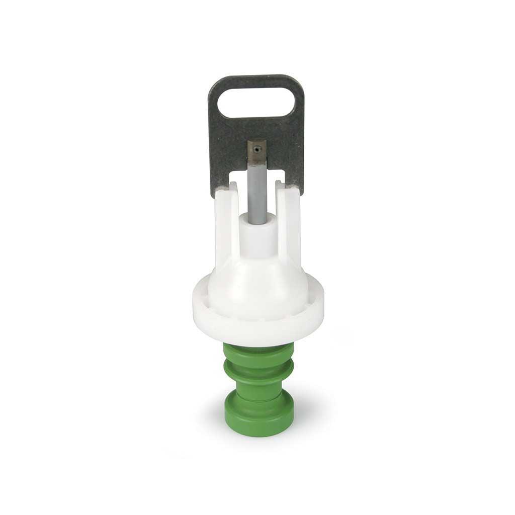 Fleck 25593 piston assembly with white plastic housing, green ribbed base, metal shaft and flat mounting tab.