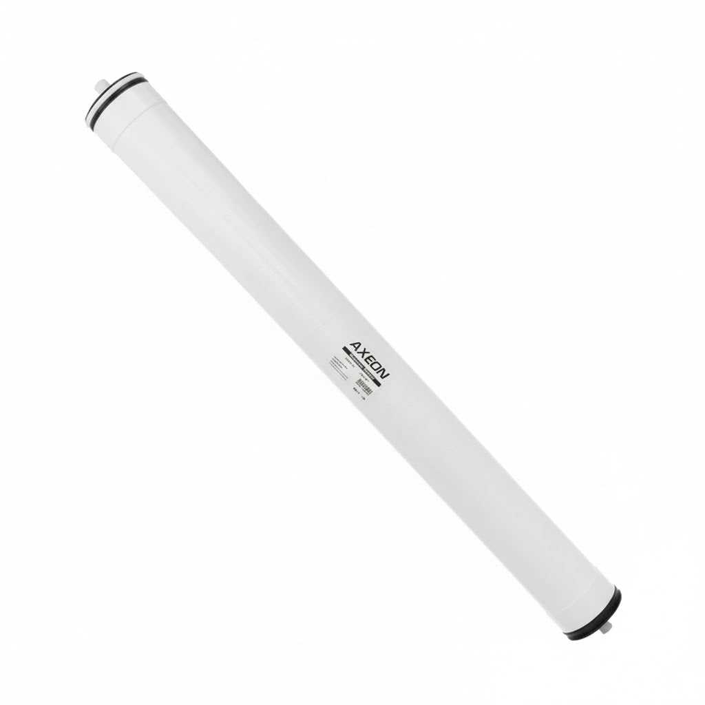 Reverse osmosis membrane, AXEON HF5-4040 Ultra Low Pressure Membrane 4", white cylindrical body with black end seals.