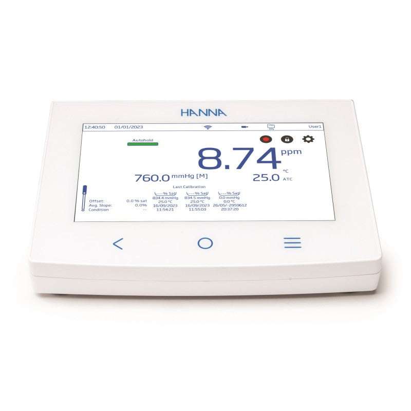 HI-6421 Advanced Dissolved Oxygen Optical Benchtop Meter with touchscreen and electrode holder for precise water analysis