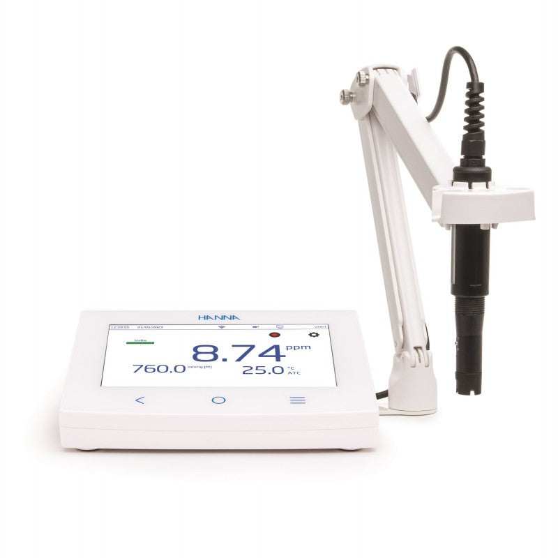 HI-6421 Advanced Dissolved Oxygen Optical Benchtop Meter with touchscreen and flexible electrode holder for precise lab water analysis