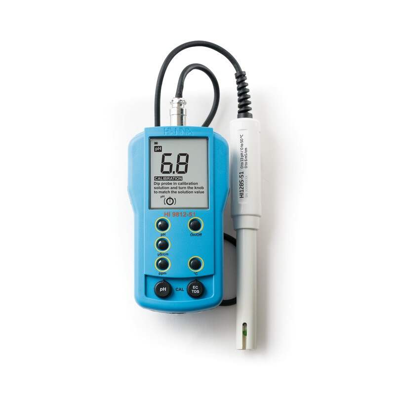 HI-9812-51 portable meter measuring pH, EC, TDS, and temperature with LCD display and multiparameter probe