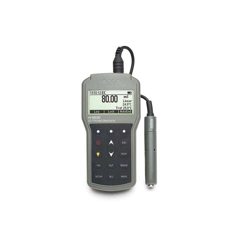 HI-98192 Professional Waterproof EC TDS Resistivity Salinity Meter with stainless steel probe and backlit LCD