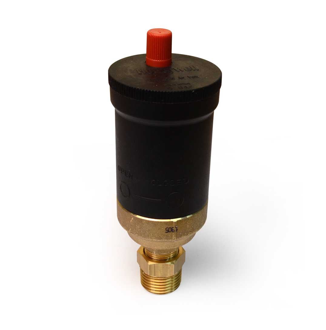 Honeywell EA122 Air valve with a black cylindrical body, brass threaded fitting, and red ridged top cap.