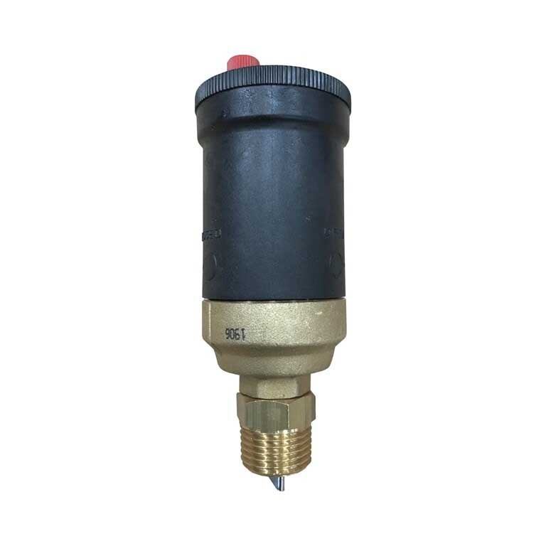 Honeywell EA122 Air valve, black cylindrical body with brass threaded fitting, ribbed top cap and red pin.