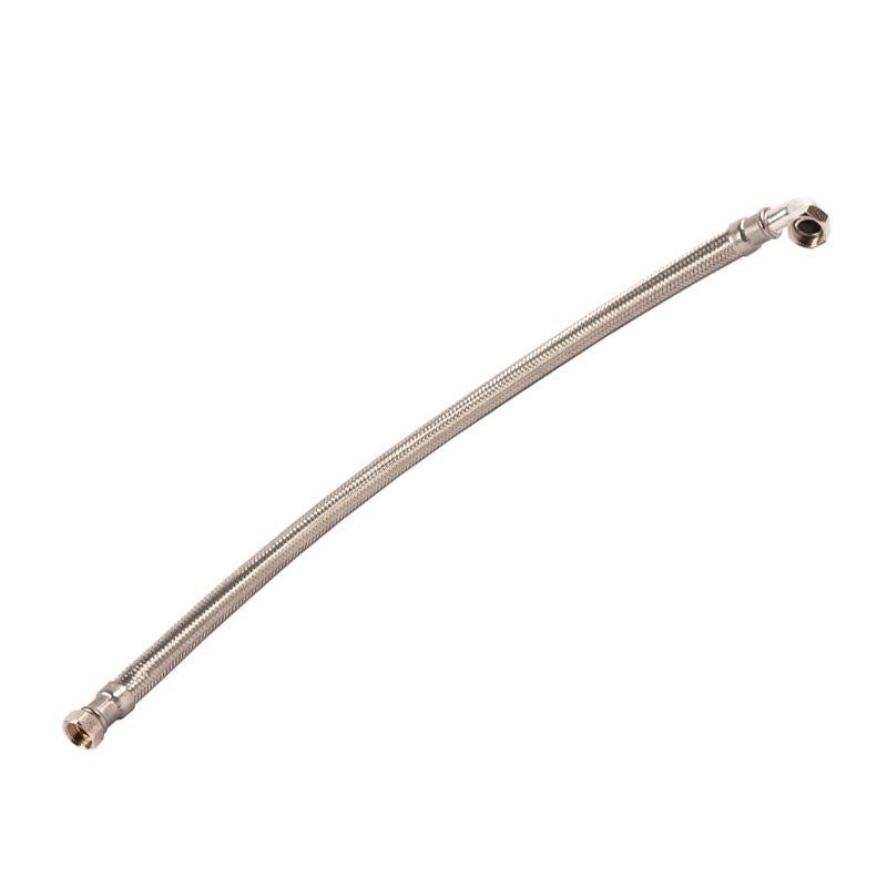 Female Elbow Stainless Steel 100cm DN20 Bore, flexible braided silver hose with threaded metal fittings at both ends.