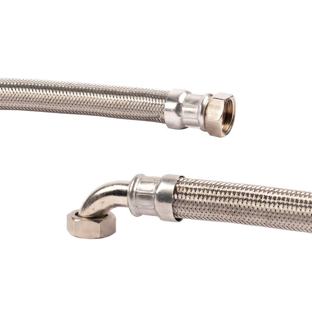 Stainless steel braided flexible hose with a Female Elbow Stainless Steel 100cm DN20 Bore fitting and hexagonal nuts.