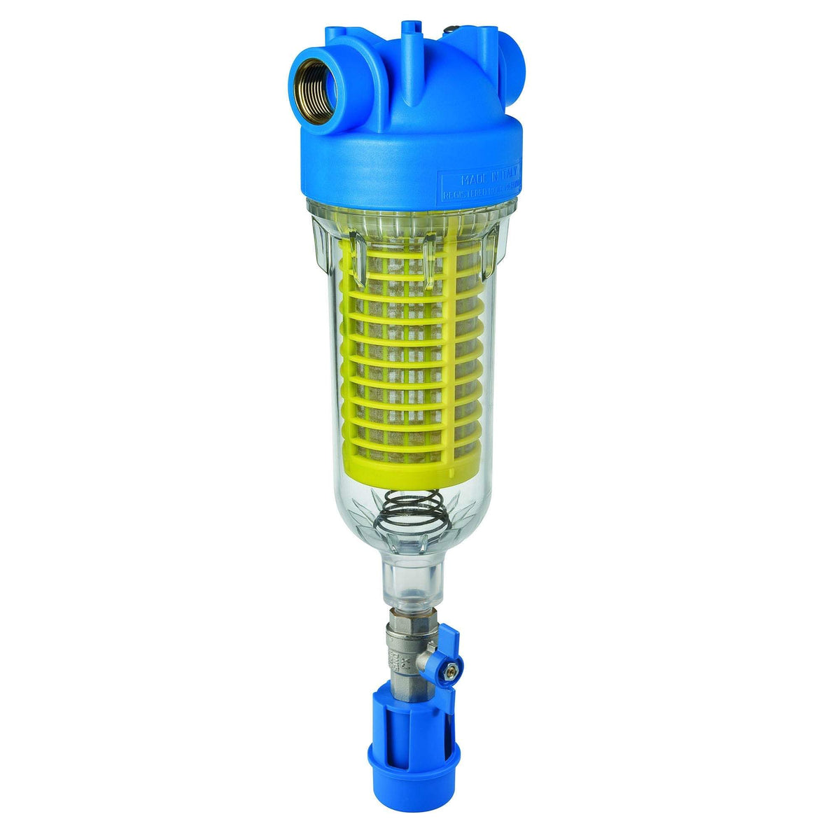 Hydra RAH Self Cleaning Filter System with a bright blue polypropylene head, clear PET bowl, and yellow mesh cartridge.