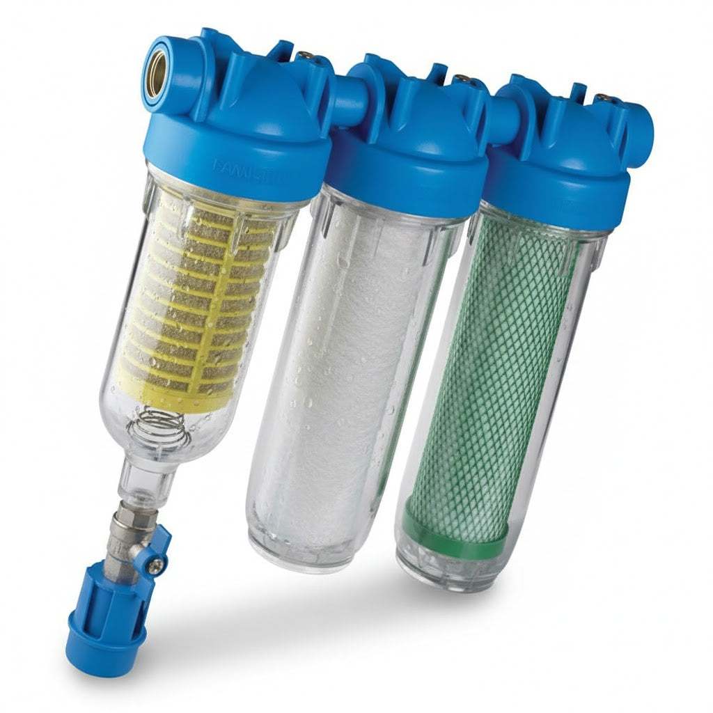 Hydra Rainmaster Trio water filter with blue polypropylene heads, clear bowls, and three distinct cartridges including a drain valve.