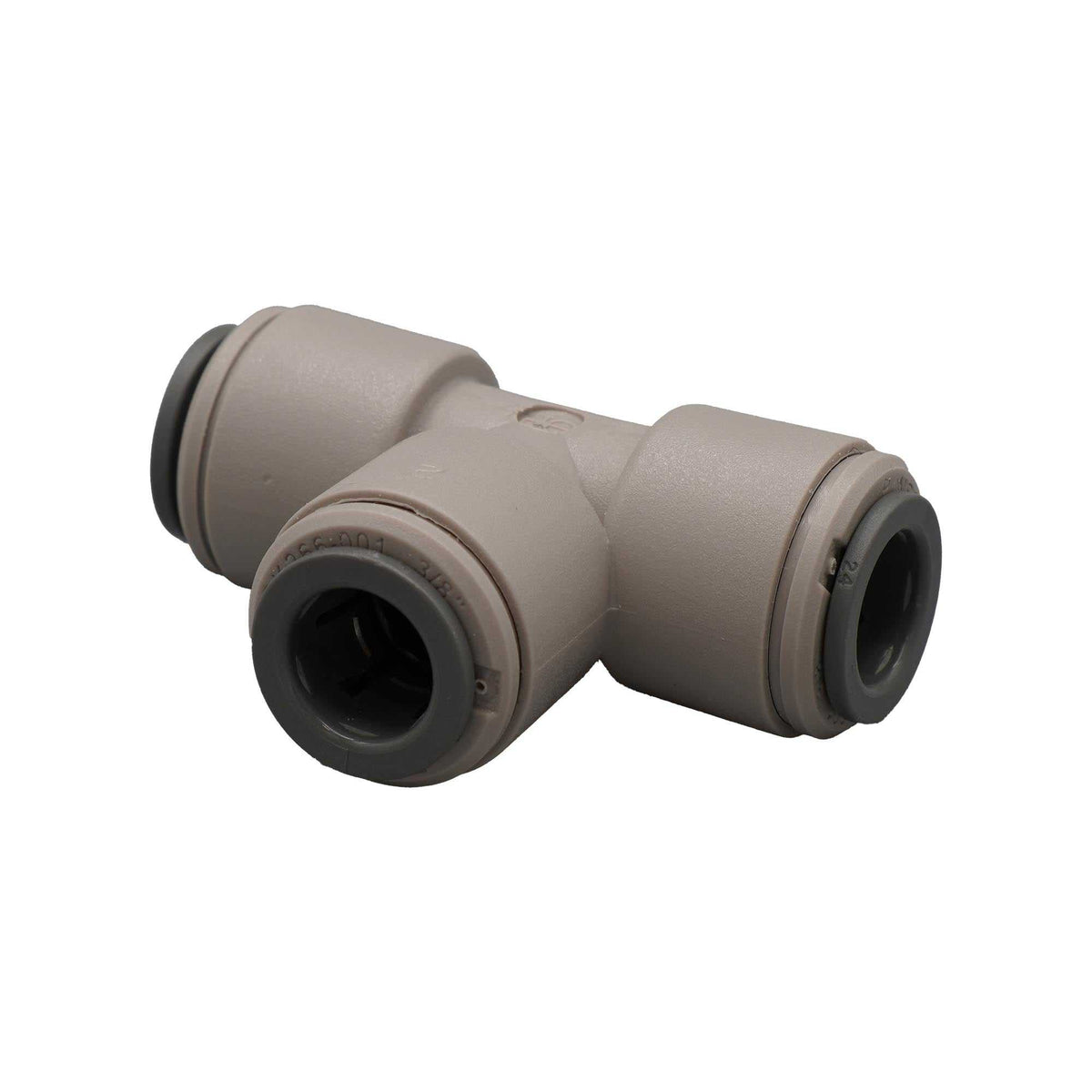 Push-fit equal tee fitting, John Guest Equal Tee 3, in taupe plastic with three black-ringed sockets and a T-shaped design.