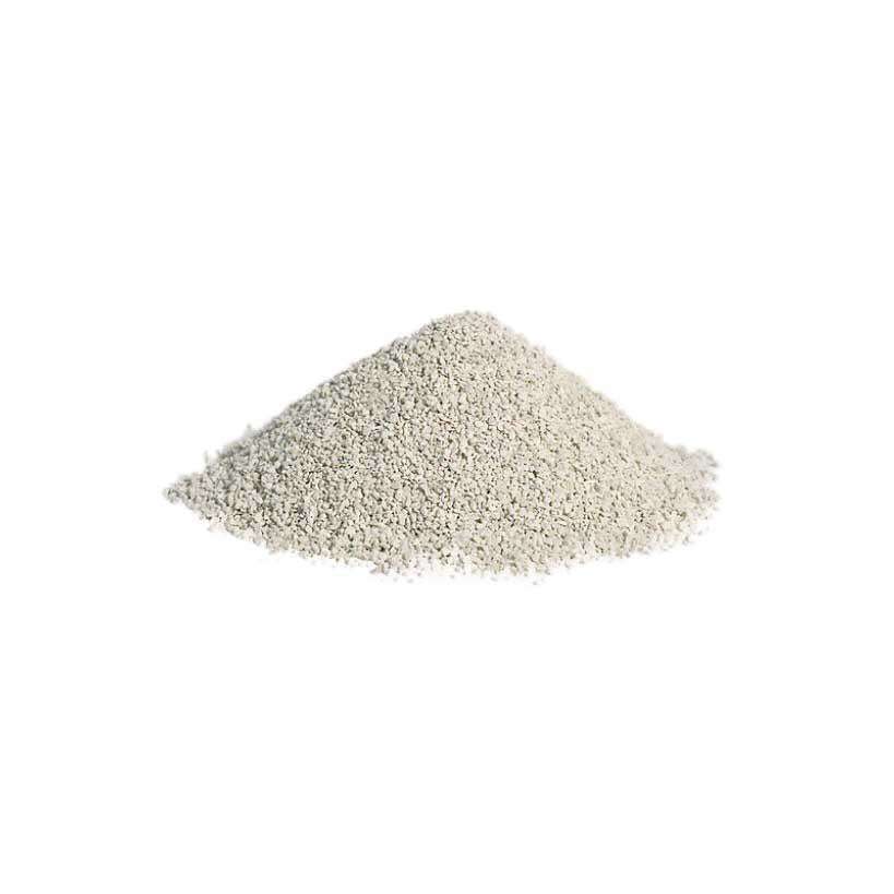 Water filtration media, 10" pale beige granular mineral material forming a small loose mound with fine, irregular particles