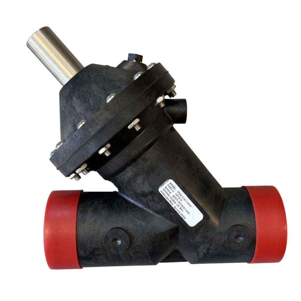 AquaMatic valve K524-X210-14000 1 1 with a black composite body, red end caps, and metal fasteners.