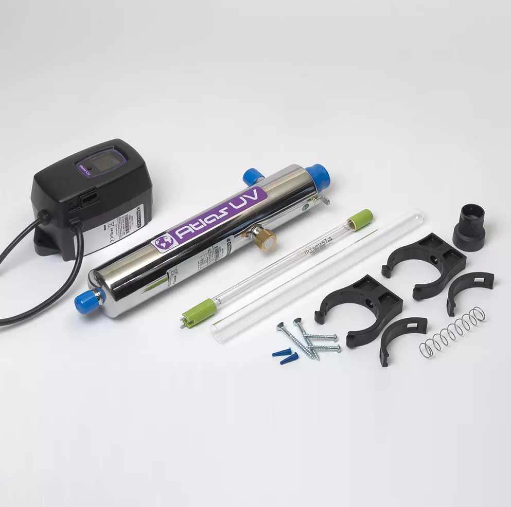 Atlas L12 11.4 L/min UV disinfection unit with components for small properties.