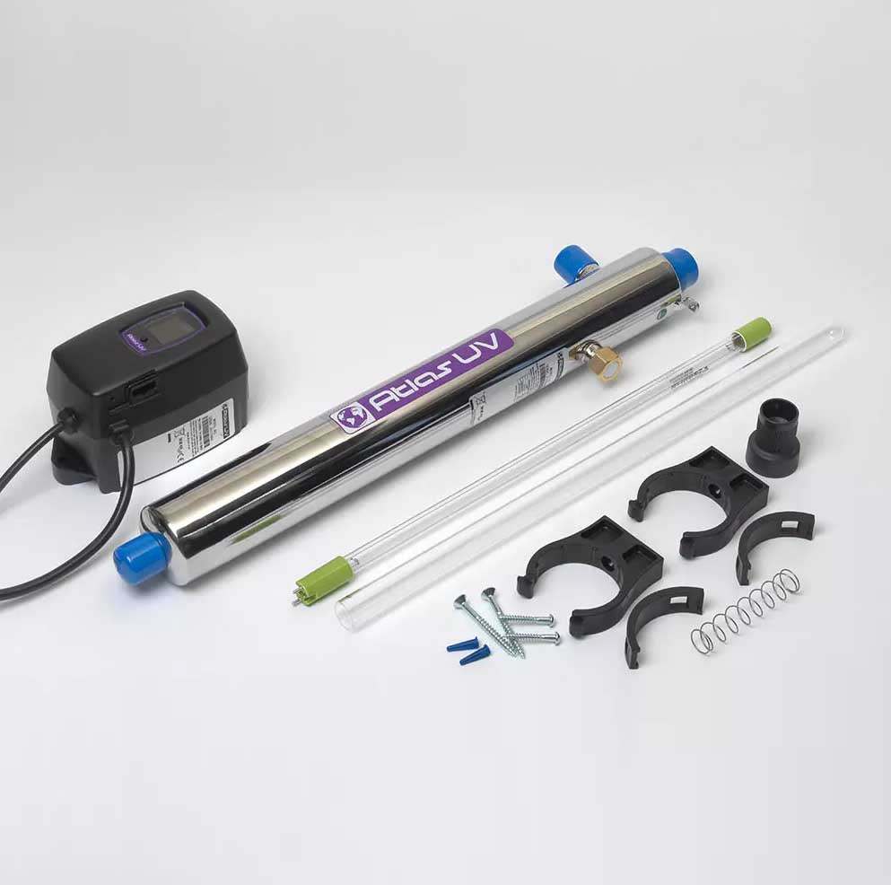 Atlas L22 22.7 L/min UV unit with stainless steel chamber and installation accessories.