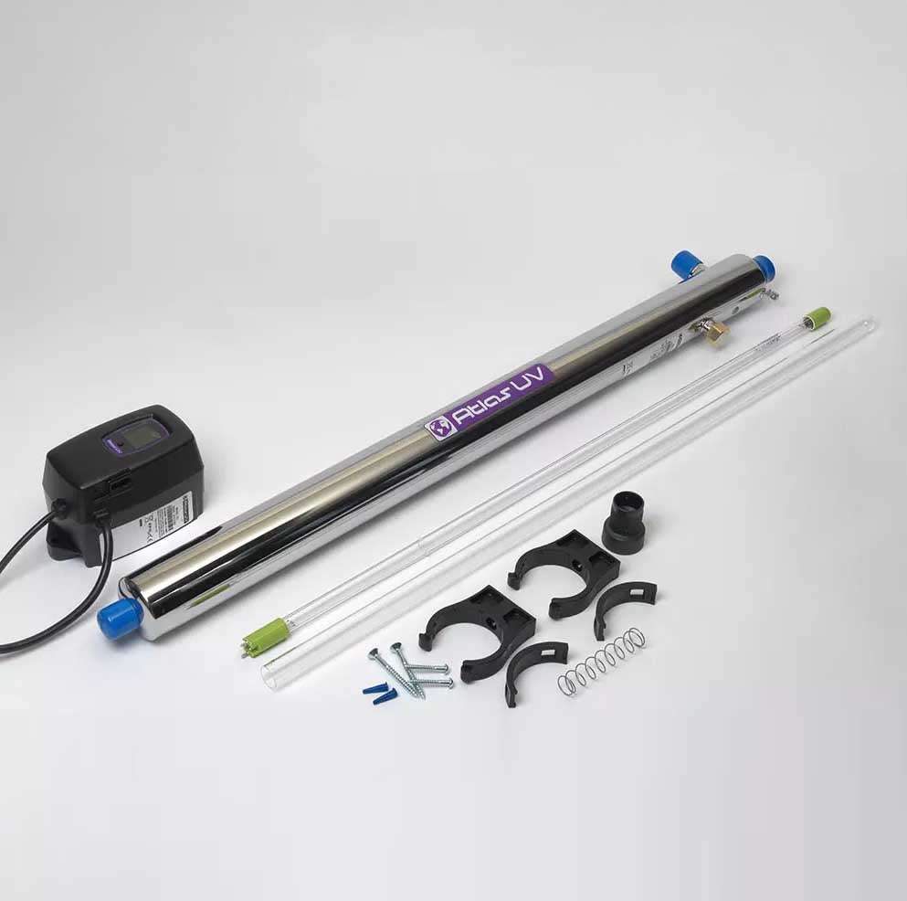Atlas L41 UV disinfection unit with stainless steel chamber and installation accessories.