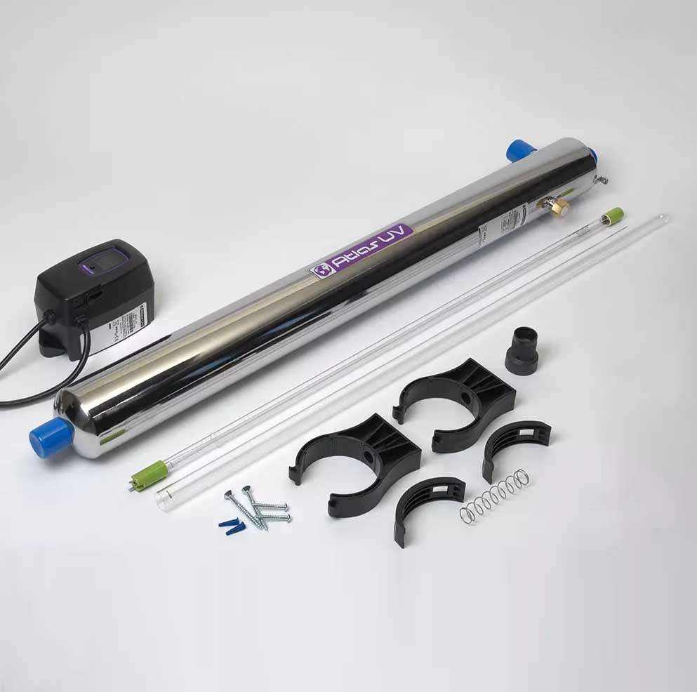 Atlas L79 UV Unit with components and accessories for water disinfection.