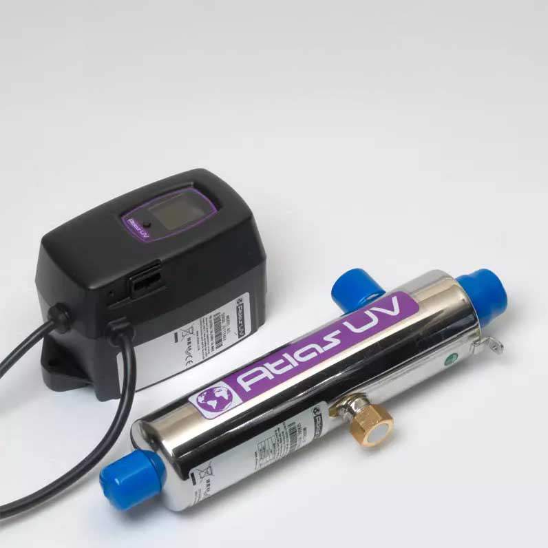 Atlas L8 7.6 L /min UV unit with stainless steel chamber and color LCD display for efficient domestic water disinfection.
