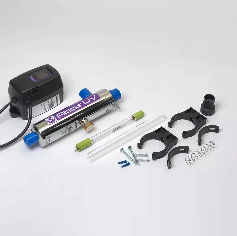 Atlas L8 8.0 L/min UV unit components for water disinfection.