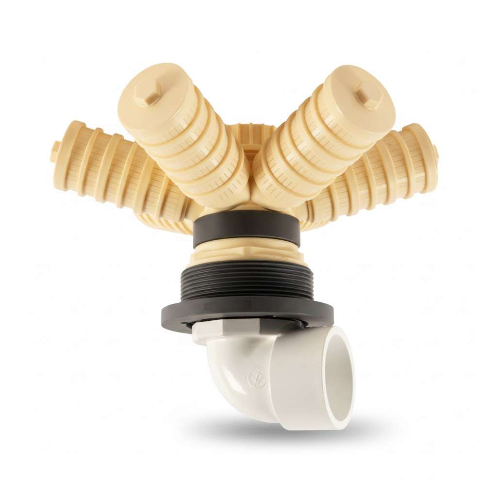 Lower Laterals 0.2mm resin vessel assembly with cream slotted plastic arms, black threaded fitting and white elbow outlet.