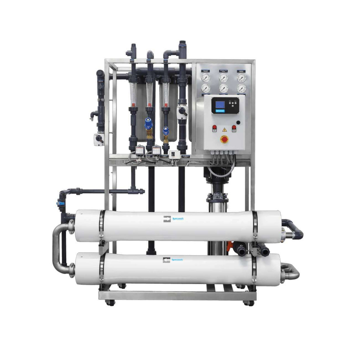 Ecosoft INOX IoT MO2 8-inch industrial reverse osmosis water filtration system with stainless steel frame and IoT connectivity