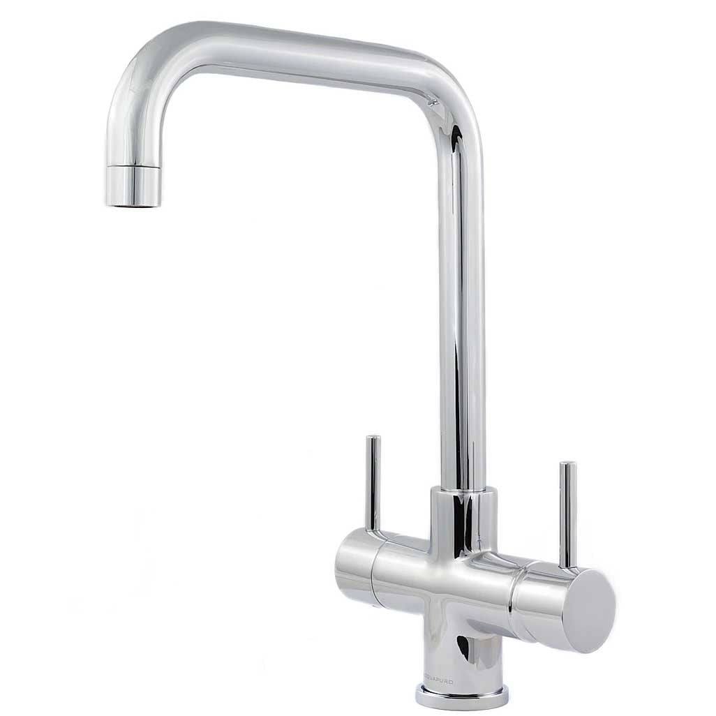 Acquapuro Monza 3 Way 2 Lever Tap Chrome, polished chrome with angular curved spout and two slim lever handles
