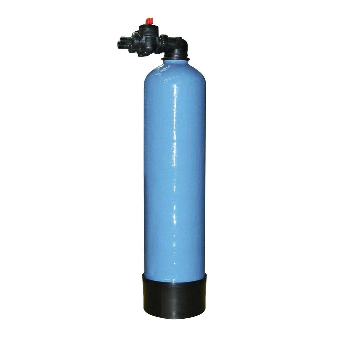 NeutrAcalC Salt Free Scale Prevention System with a tall blue fiberglass vessel, black base and compact black bypass valve.