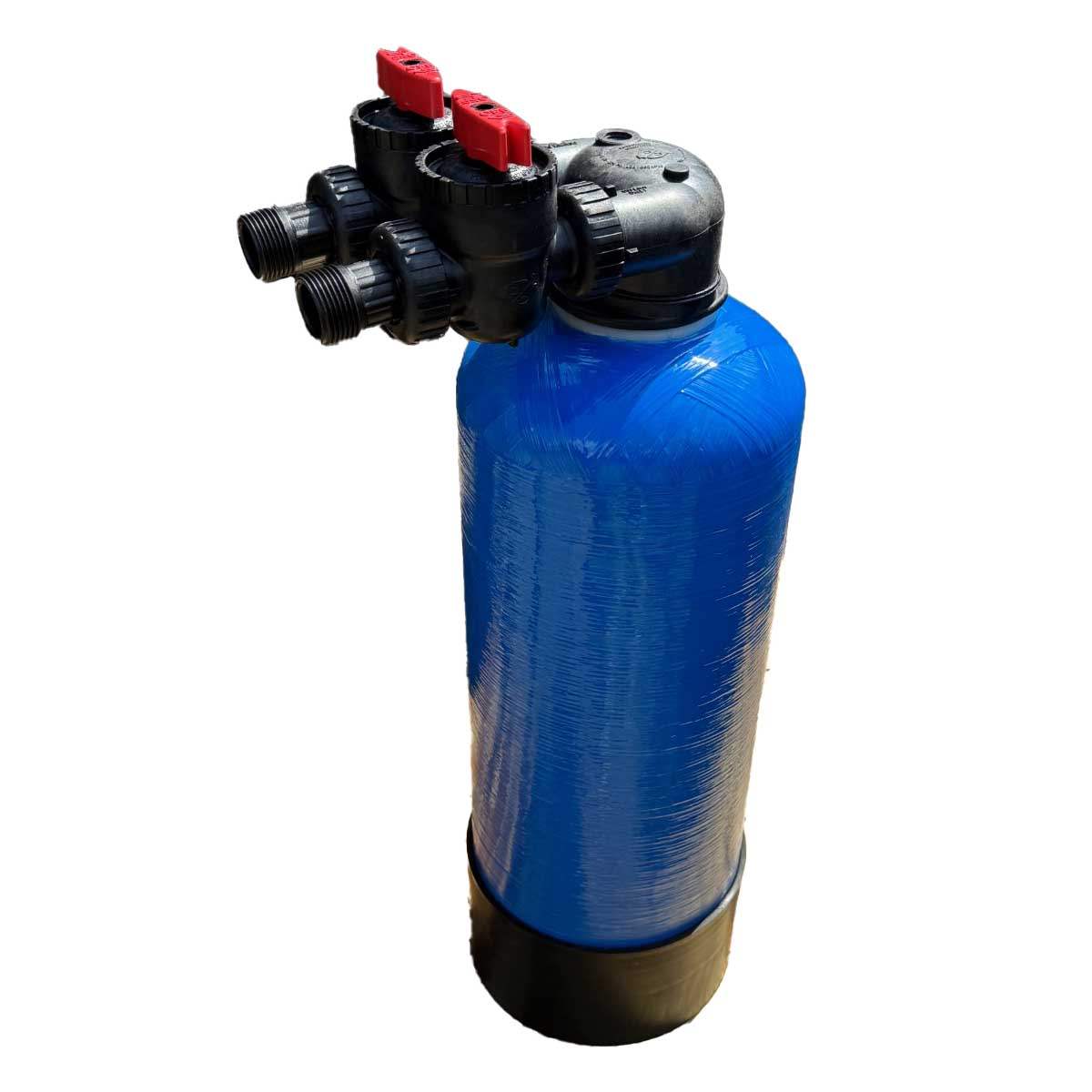 NeutrAcalC Salt Free Scale Prevention System with a blue fiberglass tank, black plastic valve assembly and red valve handles.
