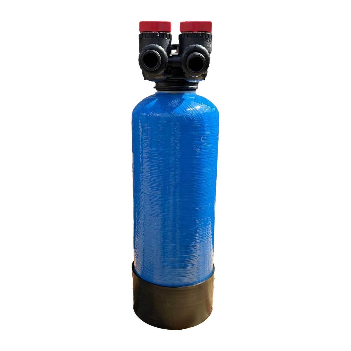 NeutrAcalC Salt Free Scale Prevention System with a blue cylindrical vessel, black dual-port valve and red caps.